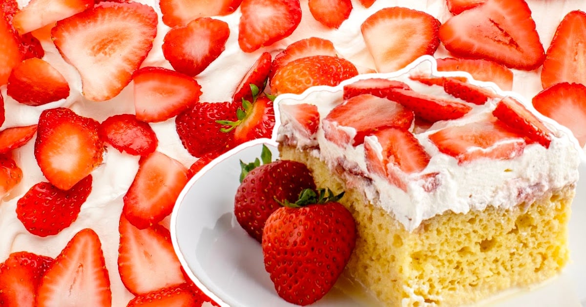 a piece of Strawberry Tres Leches Cake on a plate