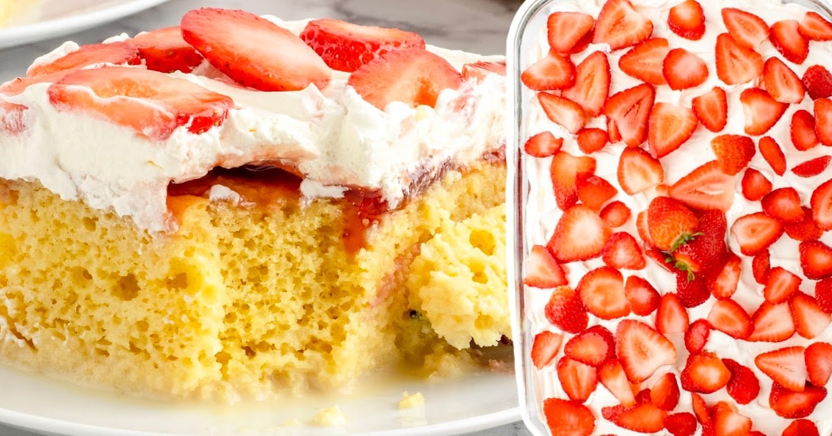 a piece of Strawberry Tres Leches Cake on a plate