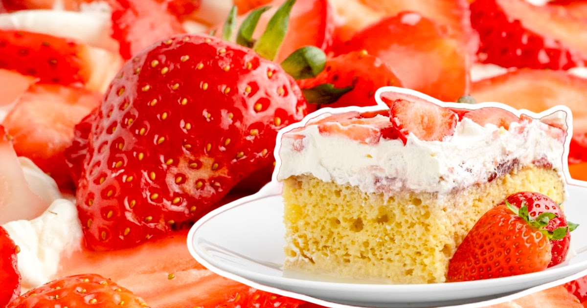 a piece of Strawberry Tres Leches Cake on a white plate