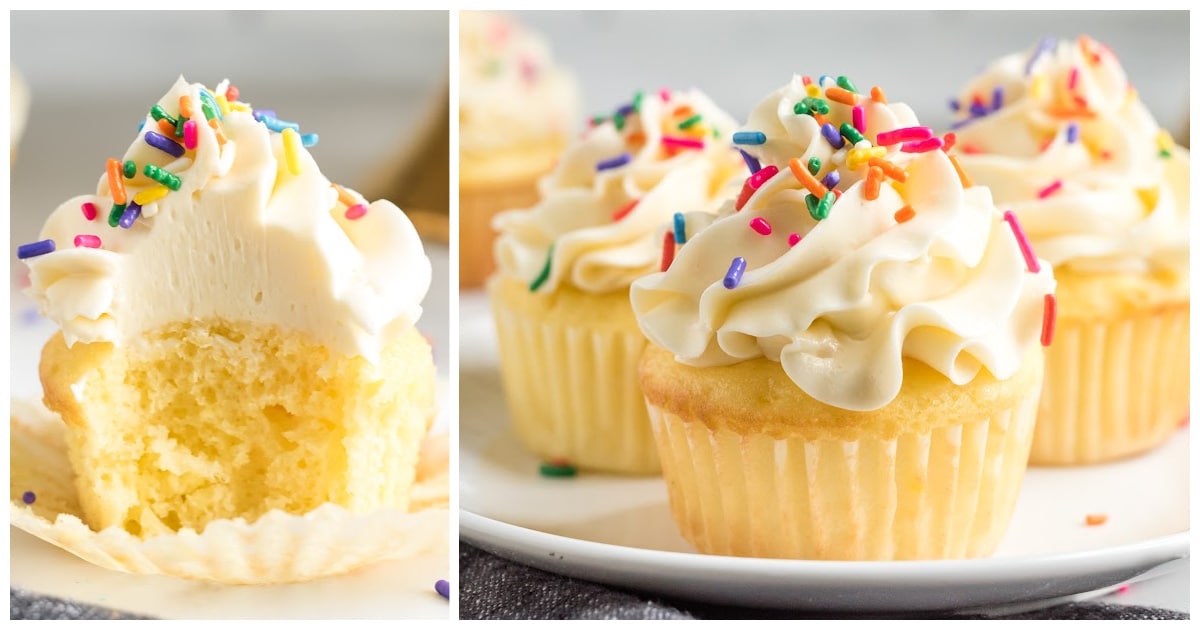 one Vanilla Cupcake on one side and three Vanilla Cupcakes on the other side on a plate