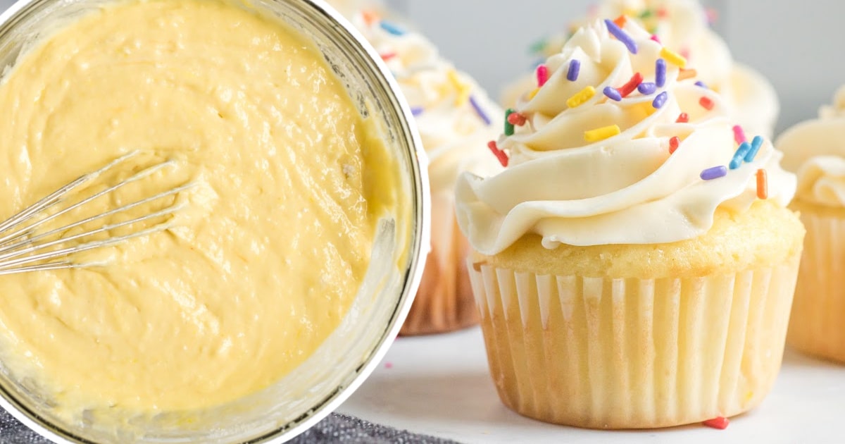 Vanilla Cupcakes and Vanilla Cupcakes mixture in a bowl with a whisker