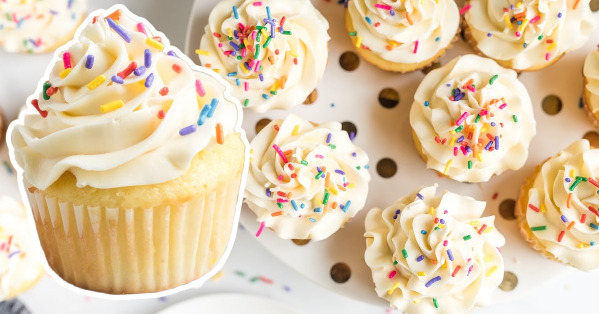 a bunch of Vanilla Cupcakes on a plate