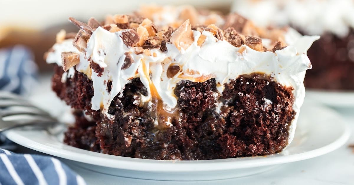 a piece of Better Than Anything Cake on a white plate