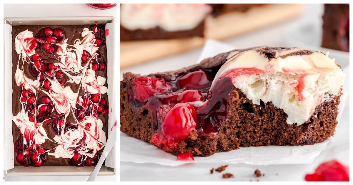 a pan of Cherry Cheesecake Brownies and one brownie that's cut.