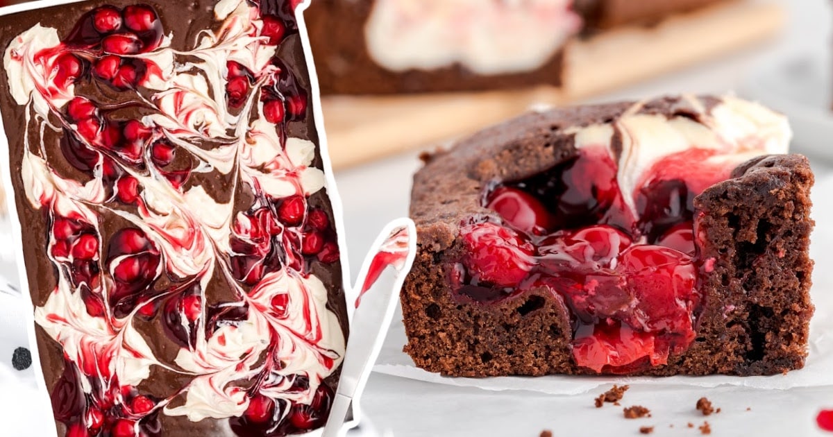 a slice of Cherry Cheesecake Brownie and a whole pan.