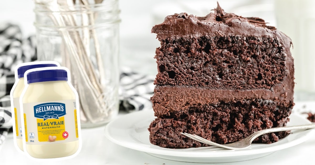 a piece of Chocolate Mayonnaise Cake on a plate with a fork