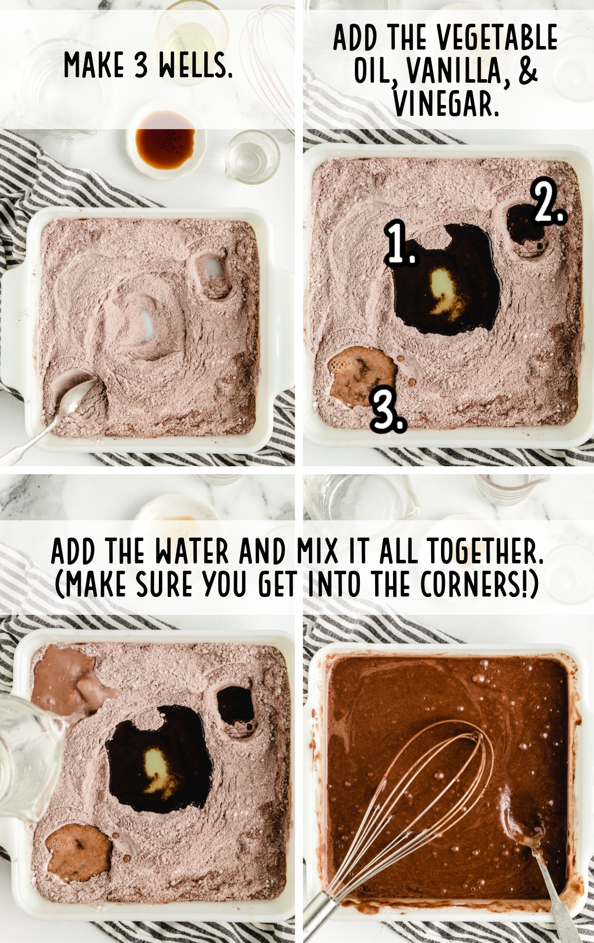 Step-by-step image showing how to mix a chocolate cake batter directly in a baking dish. The top left panel shows three wells made in the dry ingredients with a spoon. The top right panel shows the three wells filled with vegetable oil, vanilla extract, and vinegar, each numbered 1 to 3. The bottom left panel shows water being poured into the dish. The bottom right panel shows the batter fully mixed with a whisk and spoon resting in the dish. Text on the images provides instructions for each step.