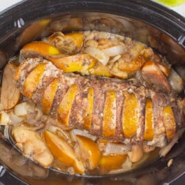 cooked Crockpot Apple Pork Tenderloin in a crockpot