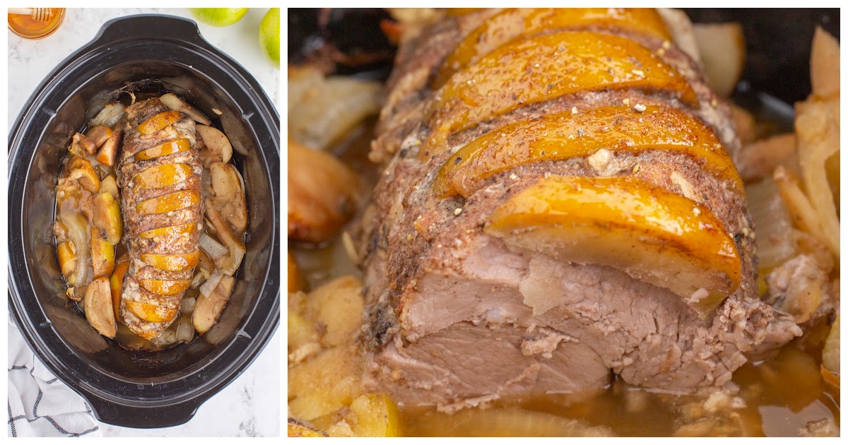 Crockpot Apple Pork Tenderloin in a crockpot and a close up photo of Crockpot Apple Pork Tenderloin on the side
