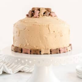a Dog Birthday Cake on a cake stand