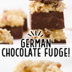 Pieces of German chocolate fudge stacked up