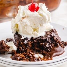 Hot Fudge Sundae Cake on a plate