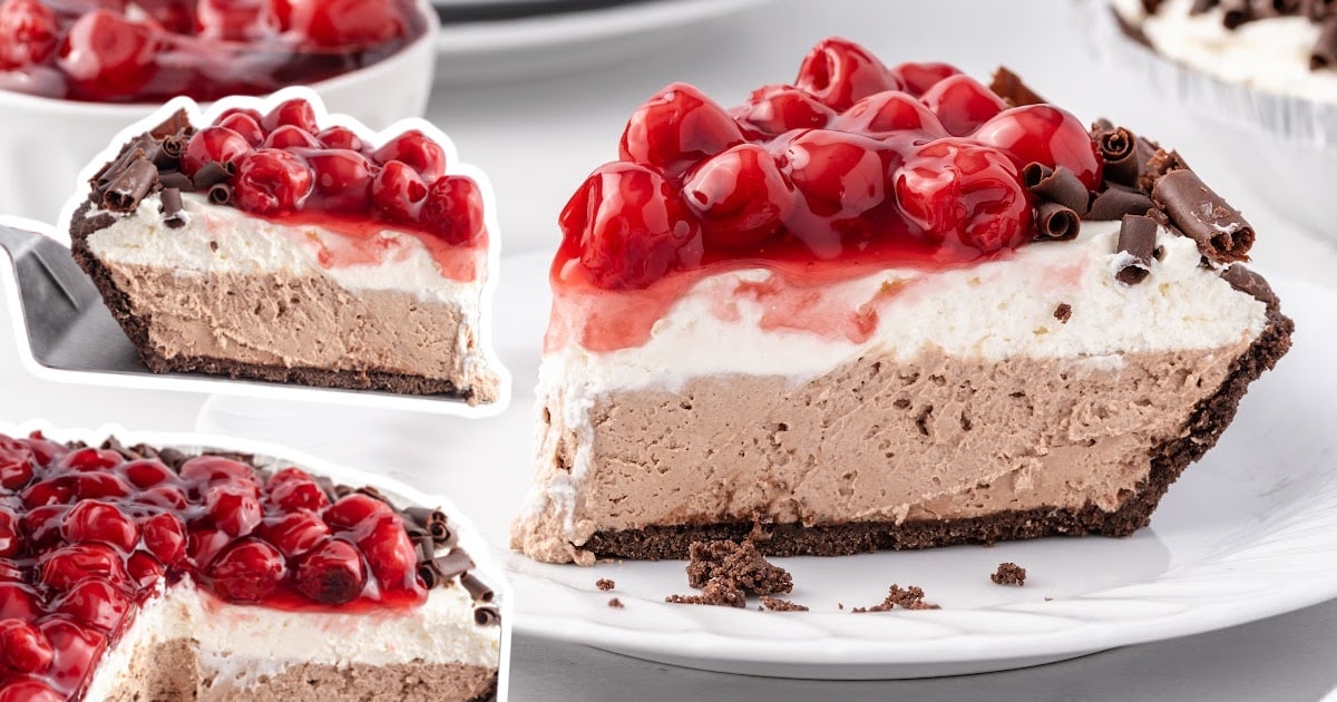 a piece of No Bake Black Forest Cheesecake on a plate