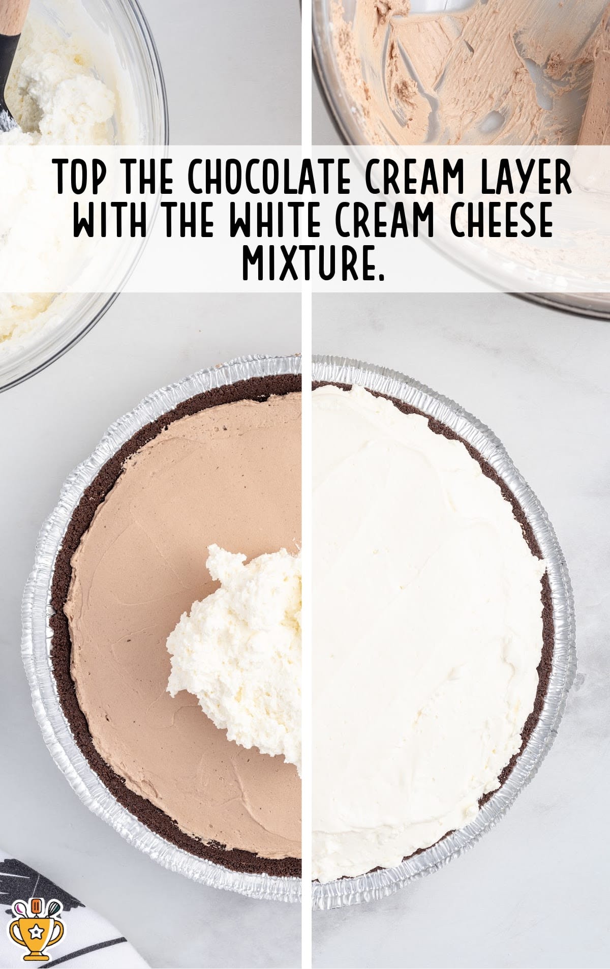 chocolate cream layer topped with white cream cheese mixture