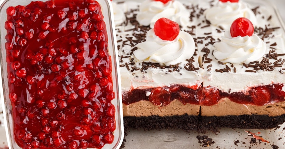 No Bake Chocolate Cherry Lush in a baking dish
