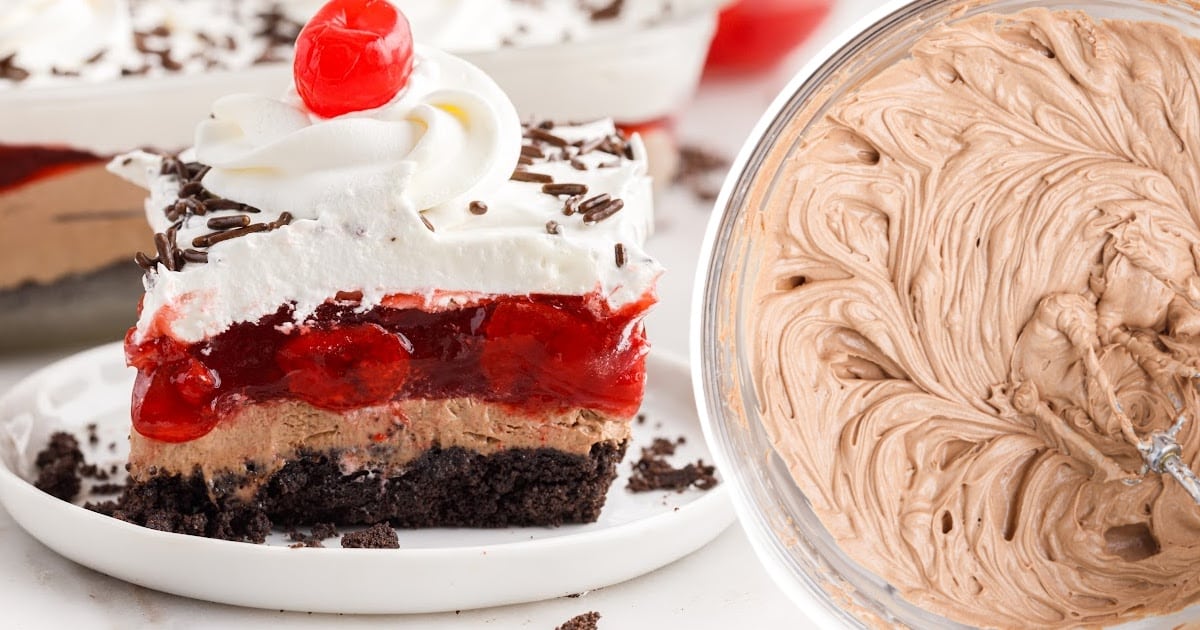 a piece of No Bake Chocolate Cherry Lush on a plate