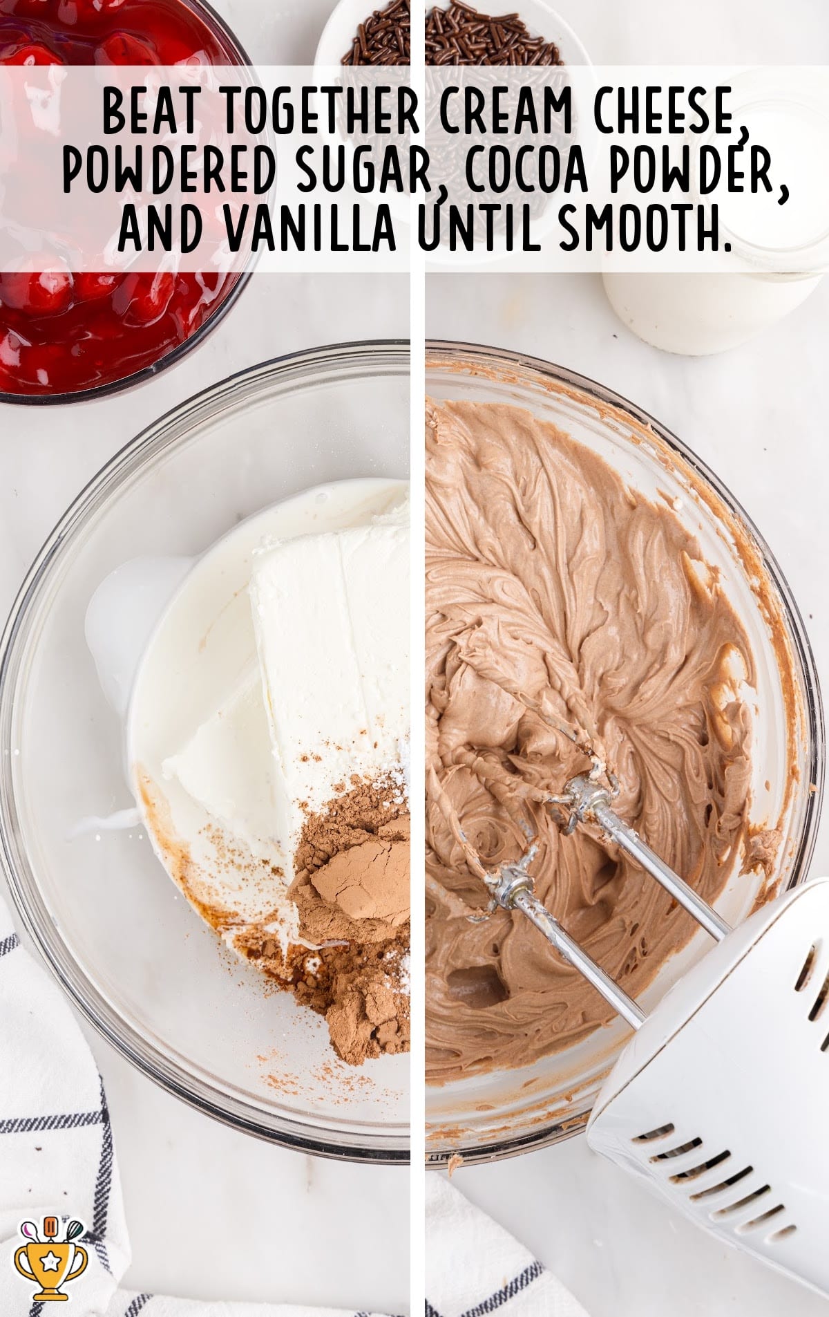 cream cheese, powdered sugar, cocoa powder and vanilla mixed in a bowl