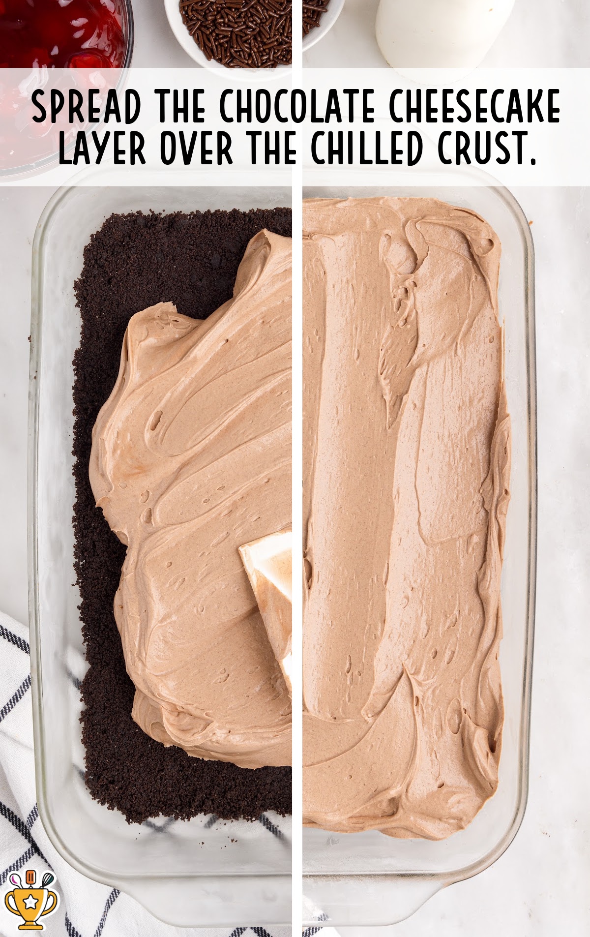 chocolate cheesecake layer spread over the chilled crust