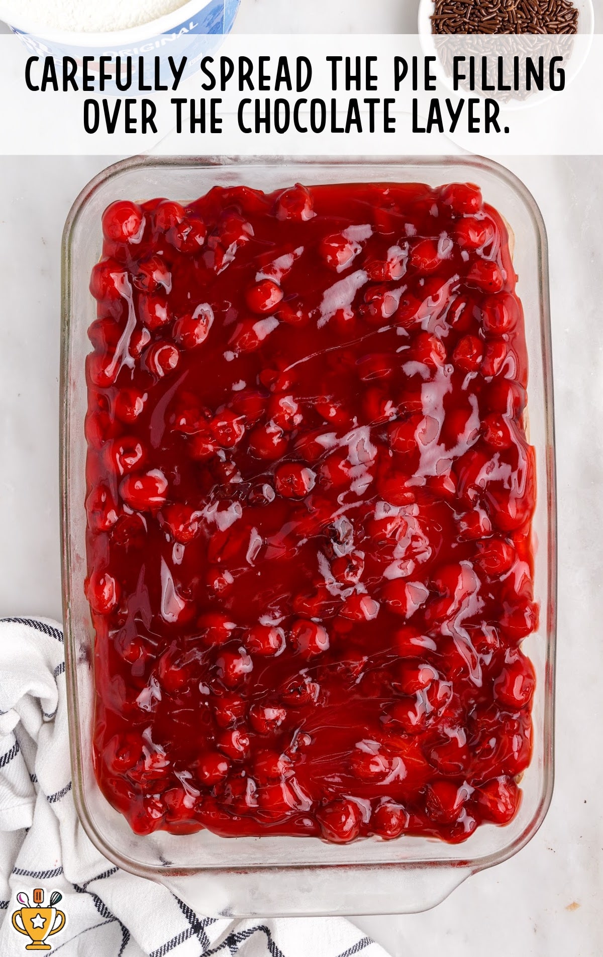 pie filling spread over the chocolate layer