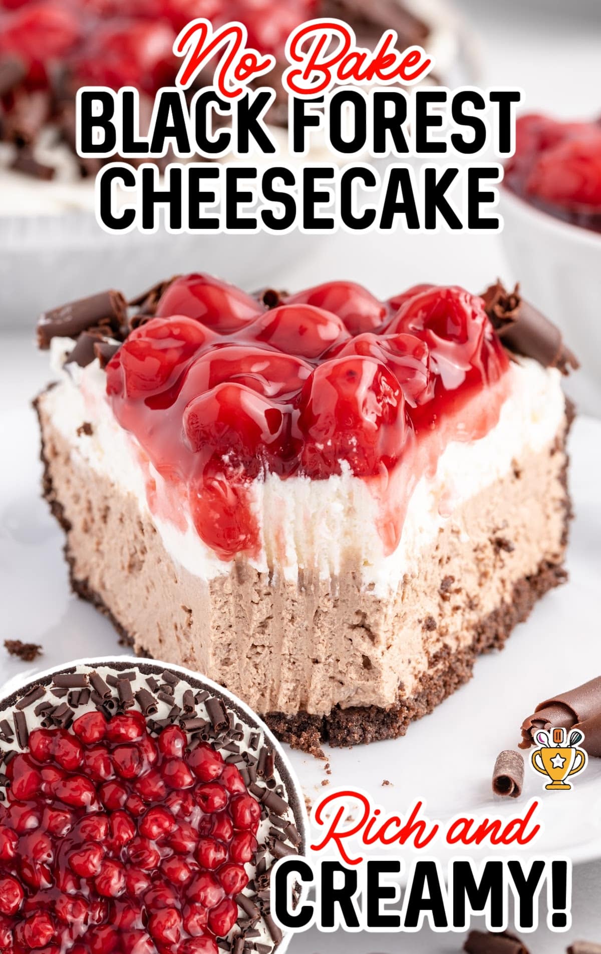 a piece of No Bake Black Forest Cheesecake on a plate