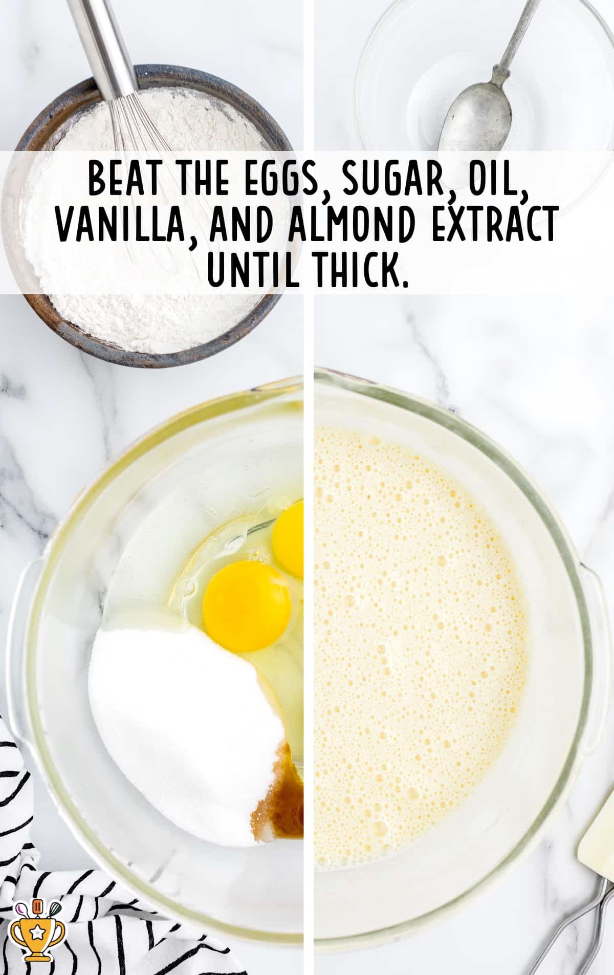 eggs, sugar, oil, vanilla and almond extract added in a bowl