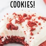 a Red Velvet Cream Cheese Cookie with a bite on it
