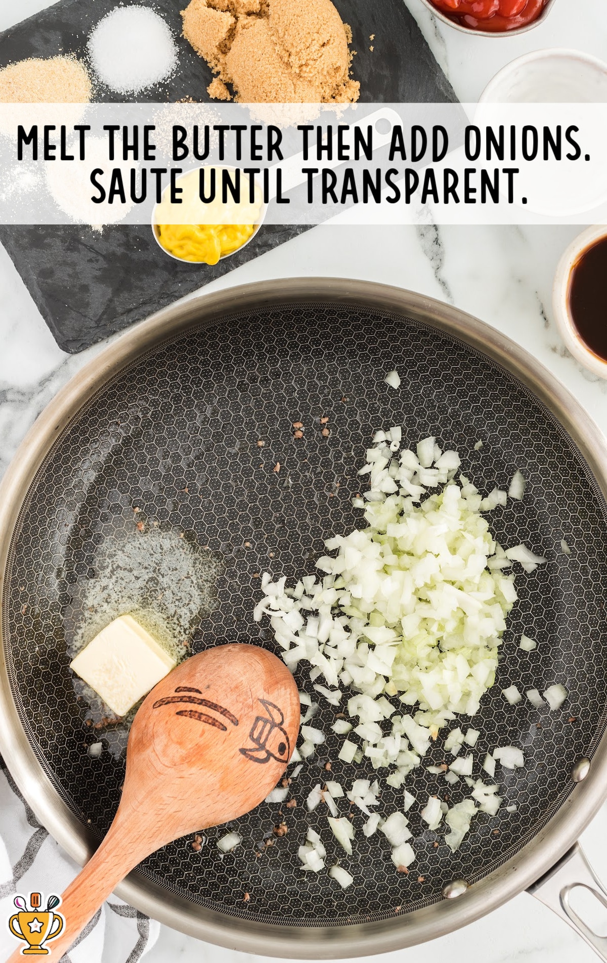 melting butter and adding onions in a skillet