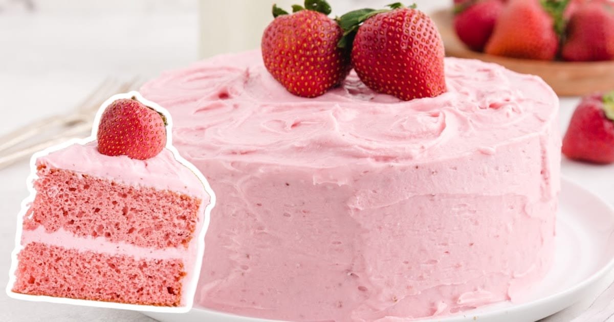a Strawberry Cake on a plate and a piece of Strawberry Cake on the side
