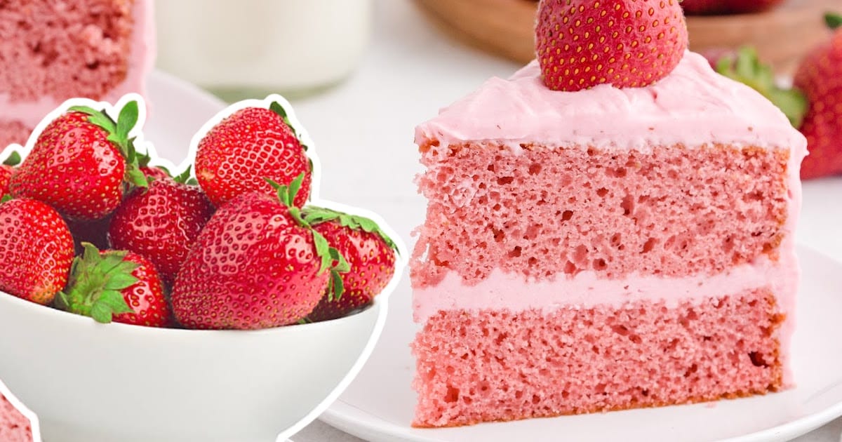 a piece of Strawberry Cake on a dessert plate and a bowl full of strawberries