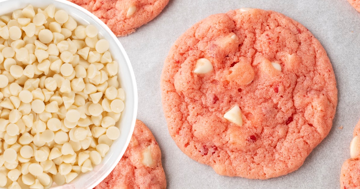 Strawberry Cake Mix Cookies and white chocolate chips in a bowl