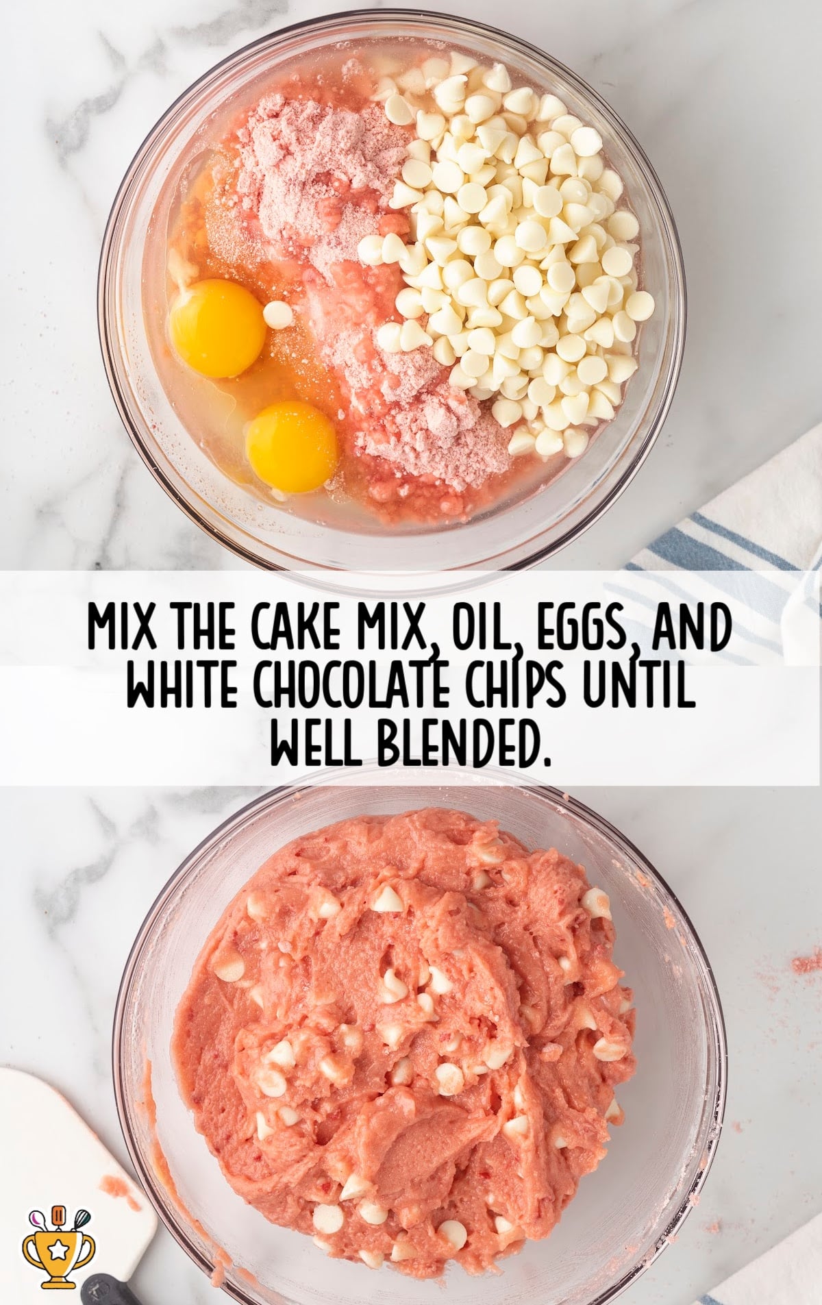 cake mix, oil, eggs and white chocolate chips mixed in a bowl