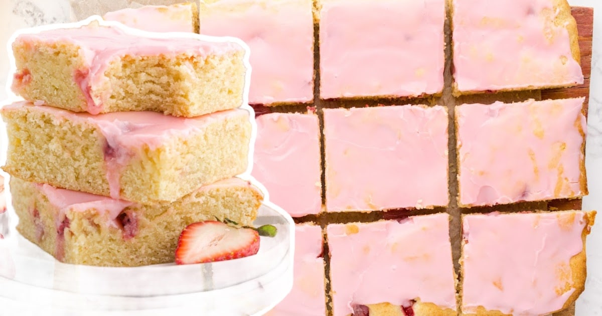 pieces of Strawberry Lemon Blondies on a wooden board and on a plate
