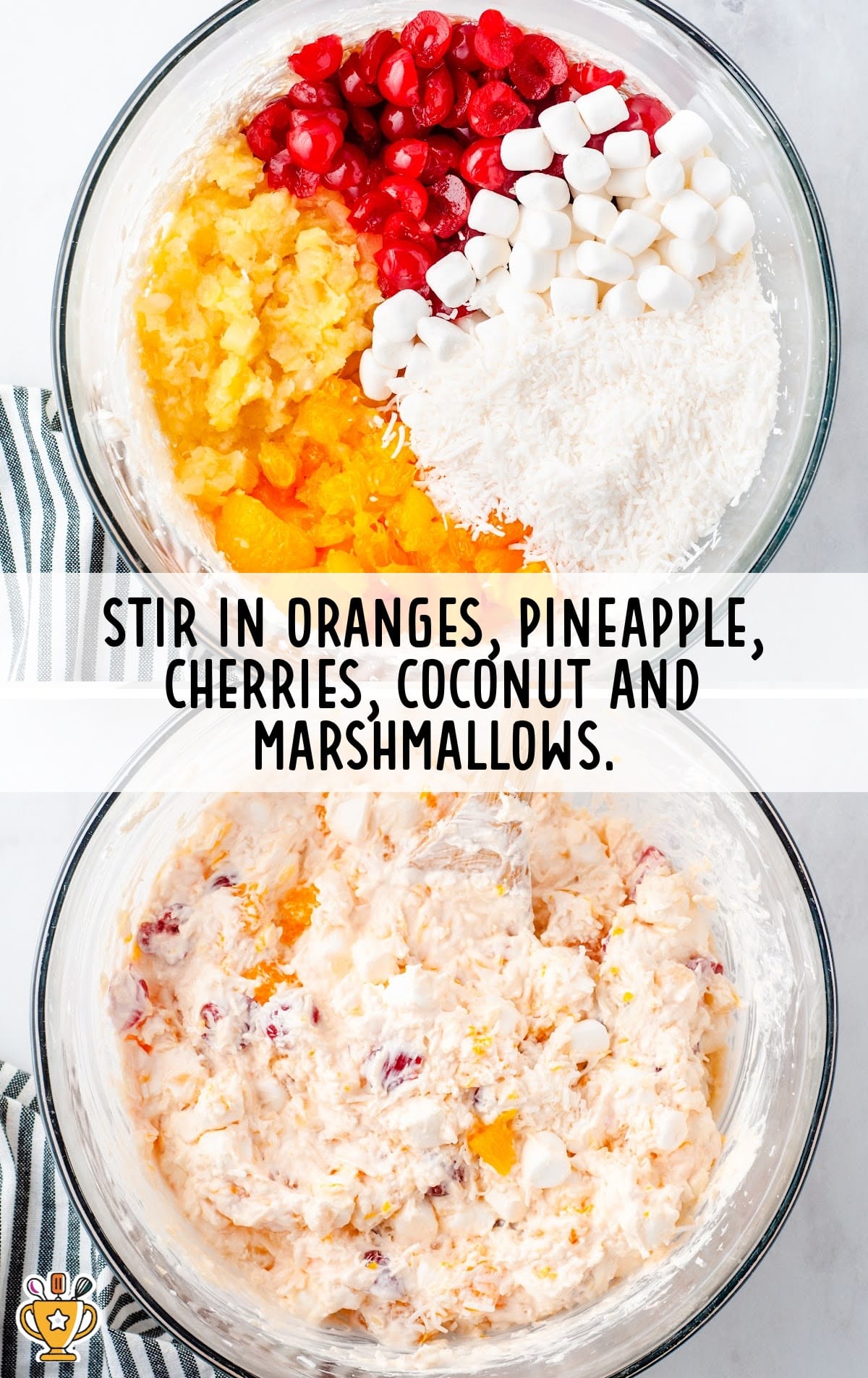 oranges, pineapple, cherries, coconut and marshmallows in a bowl