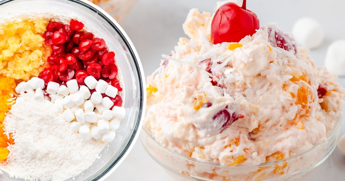a bowl full of Ambrosia Salad and some ingredients in a bowl