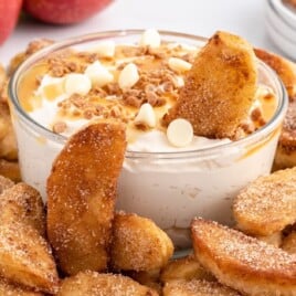 Apple Fries on a plate with a bowl of sauce at the middle