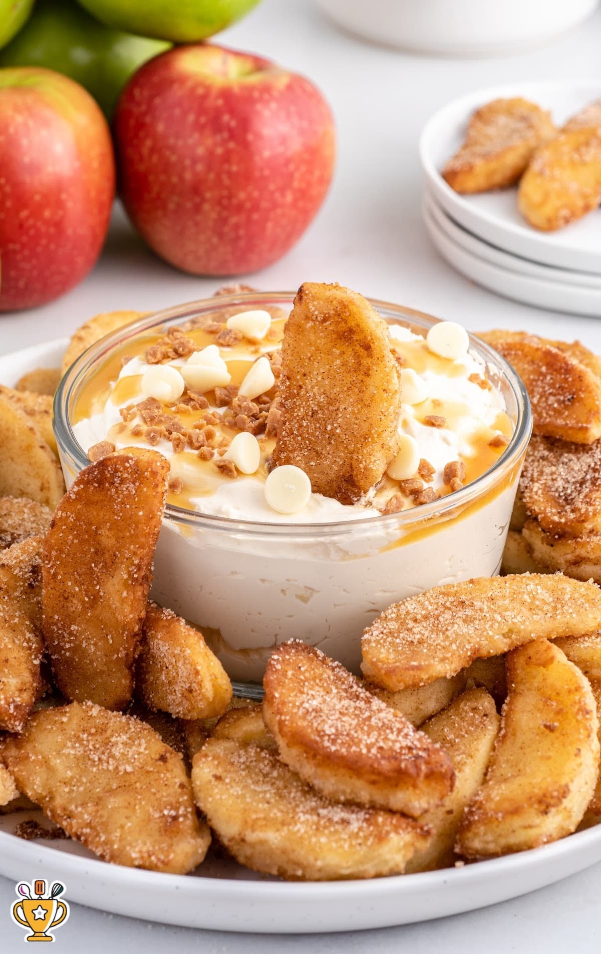 Apple Fries on a plate with a bowl of sauce