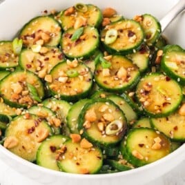 Asian Cucumber Salad in a white bowl
