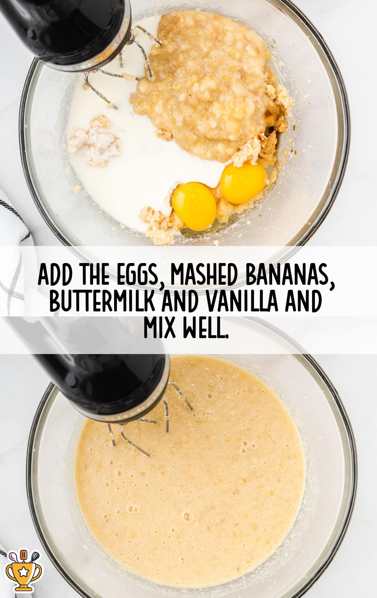 eggs, mashed bananas, buttermilk and vanilla in a bowl