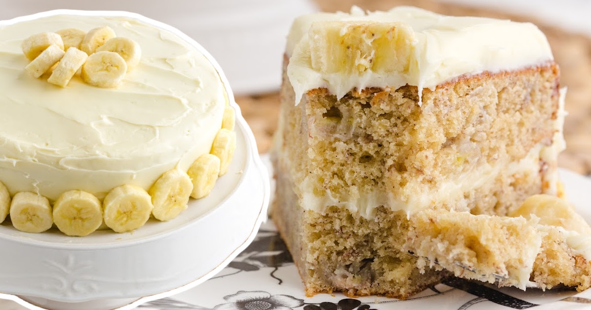 a piece of Banana Cake and a Banana Cake on a cake stand
