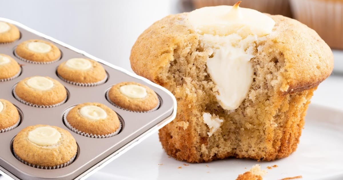 a Banana Cream Cheese Muffin with a bite on it and some Banana Cream Cheese Muffins in a muffin pan