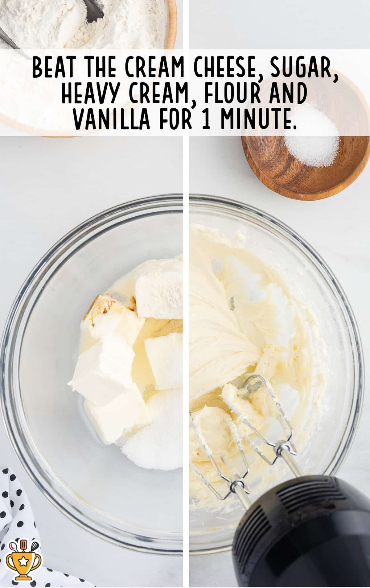 cream cheese, sugar, heavy cream, flour and vanilla added in a bowl