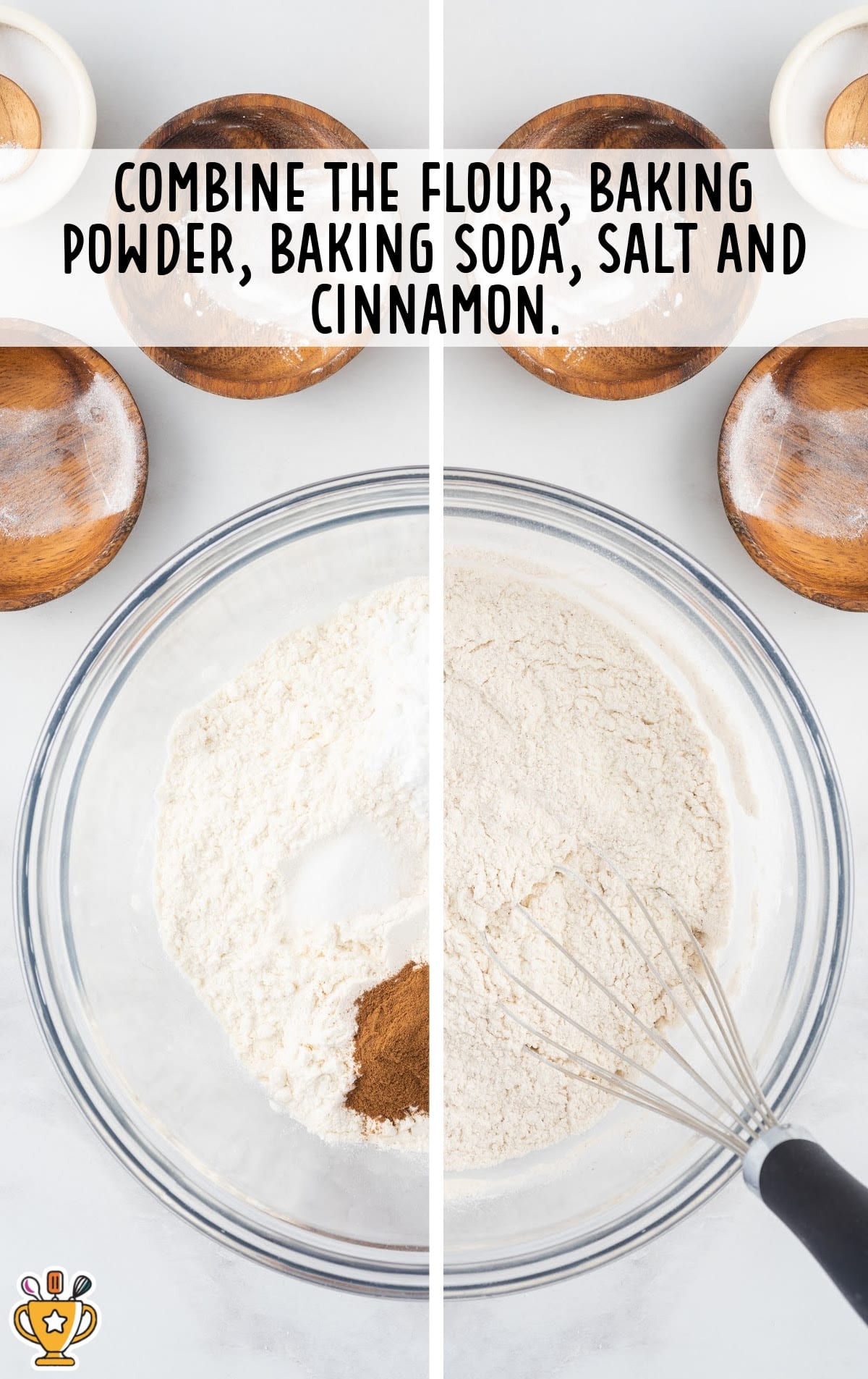 flour, baking powder, baking soda, salt and cinnamon added in a bowl