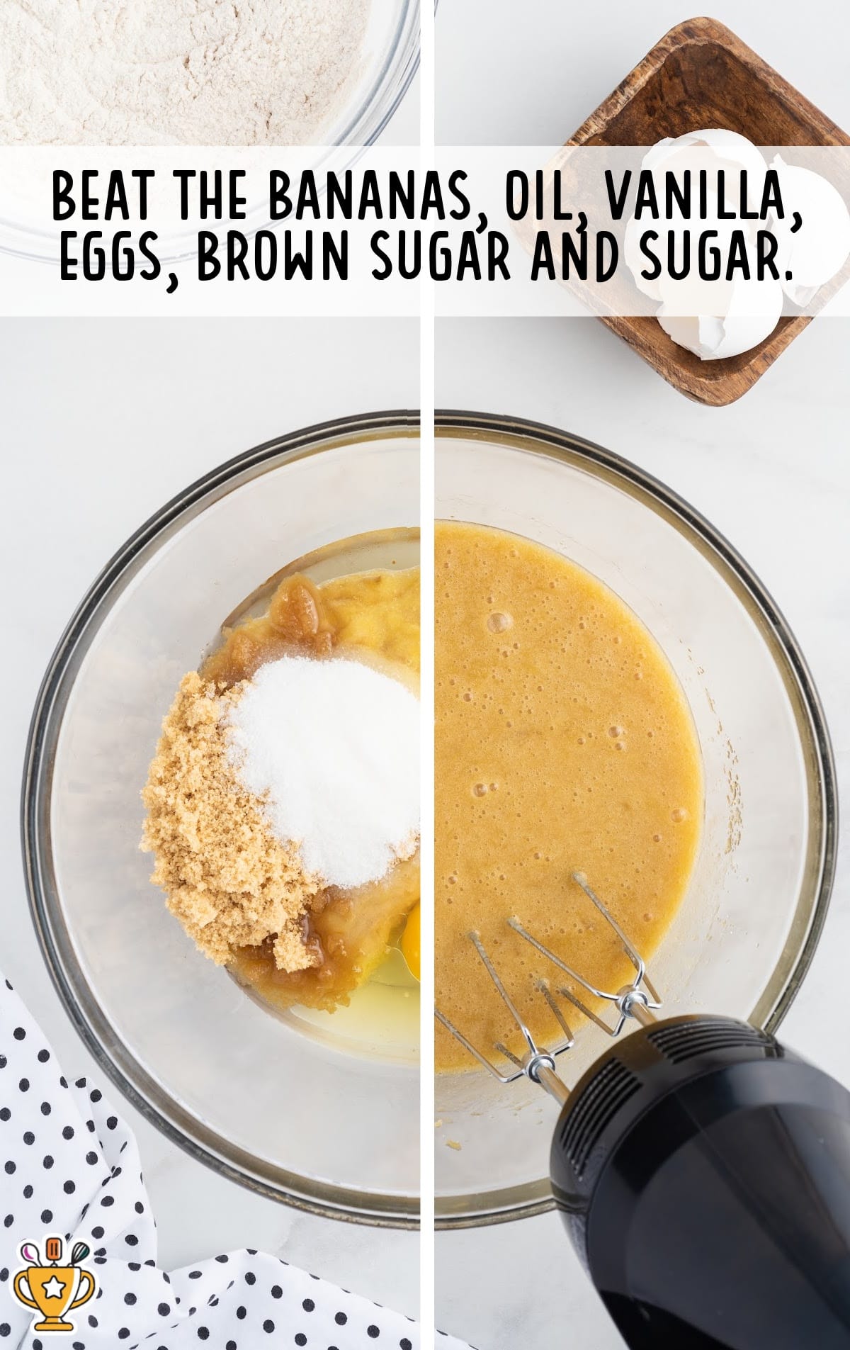bananas, oil, vanilla, eggs, brown sugar and sugar added in a bowl