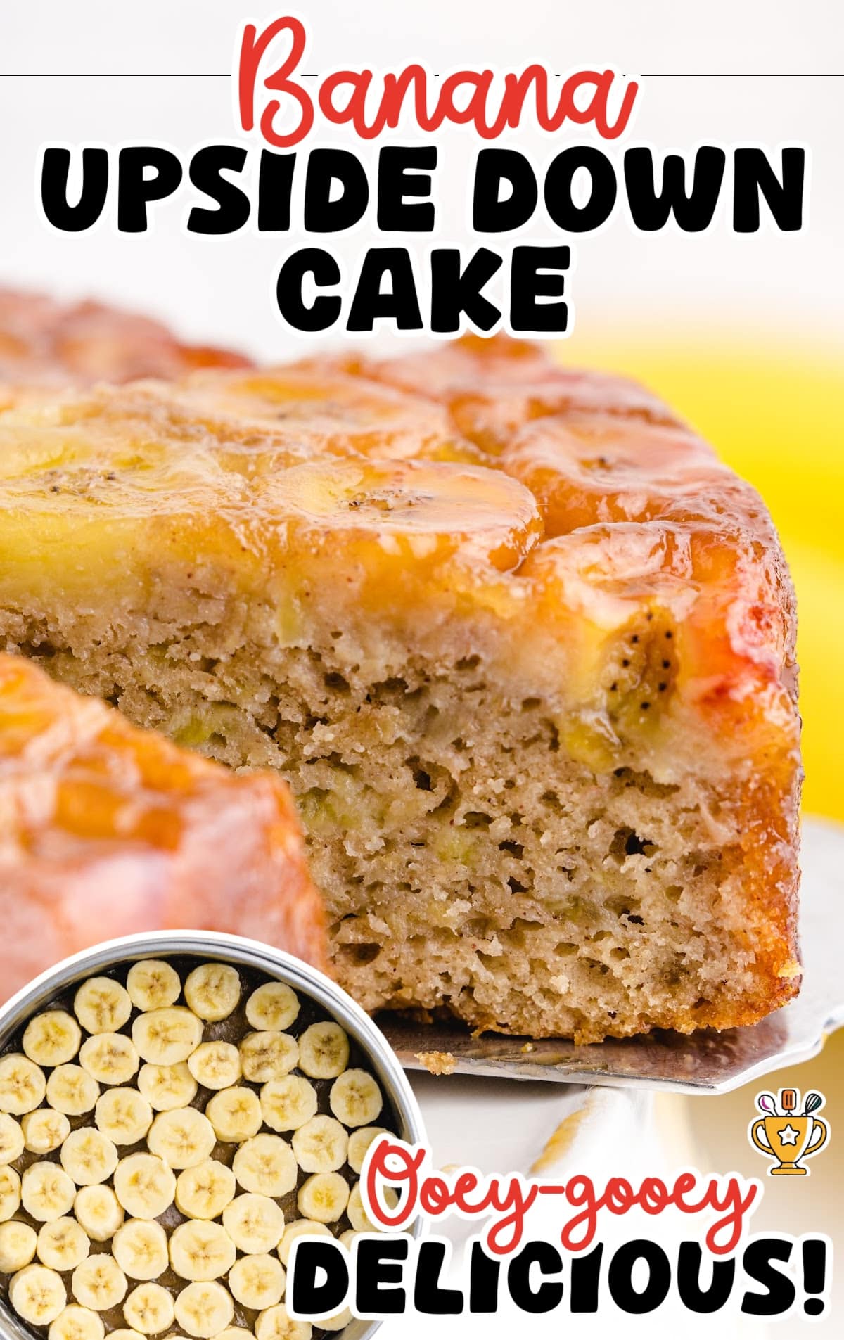 a spatula holding a piece of Banana Upside Down Cake