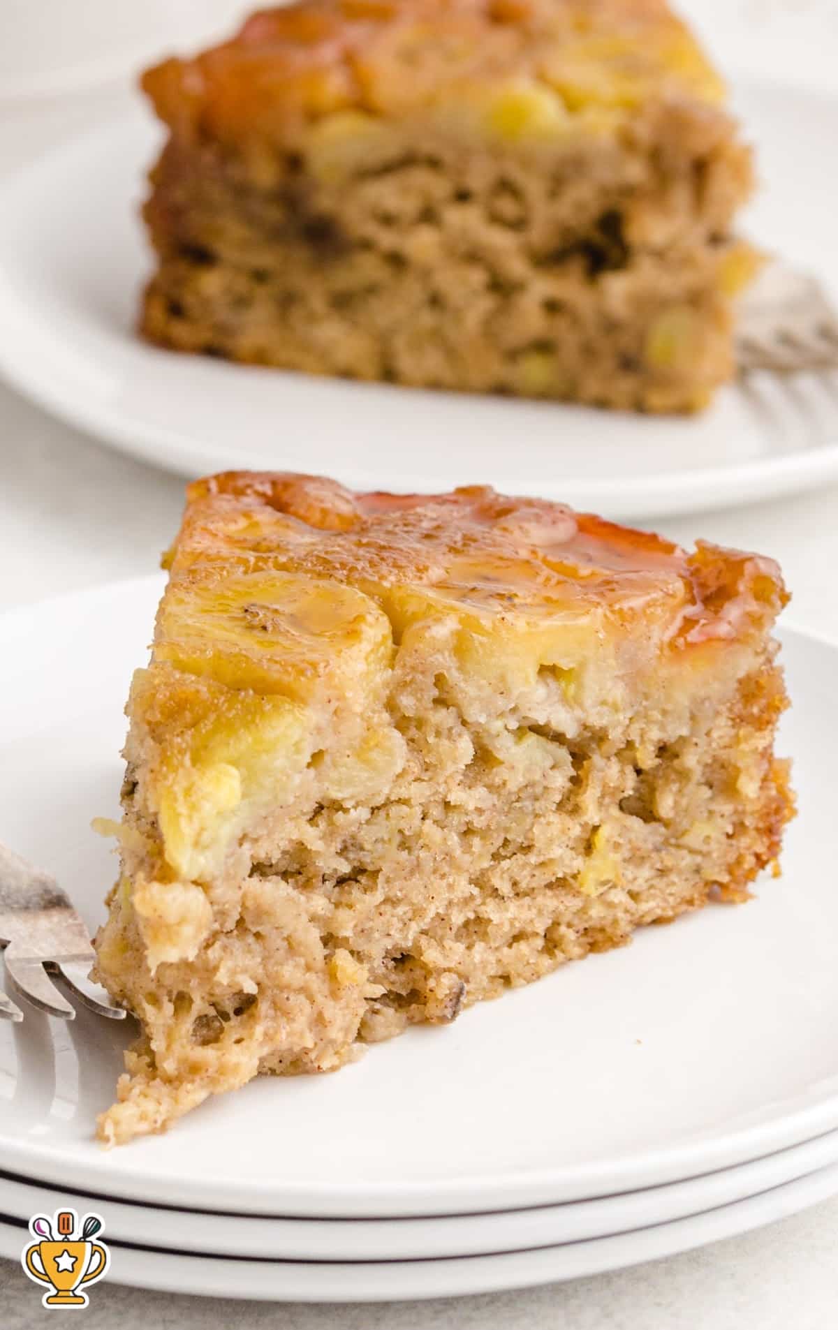 a piece of Banana Upside Down Cake on a plate