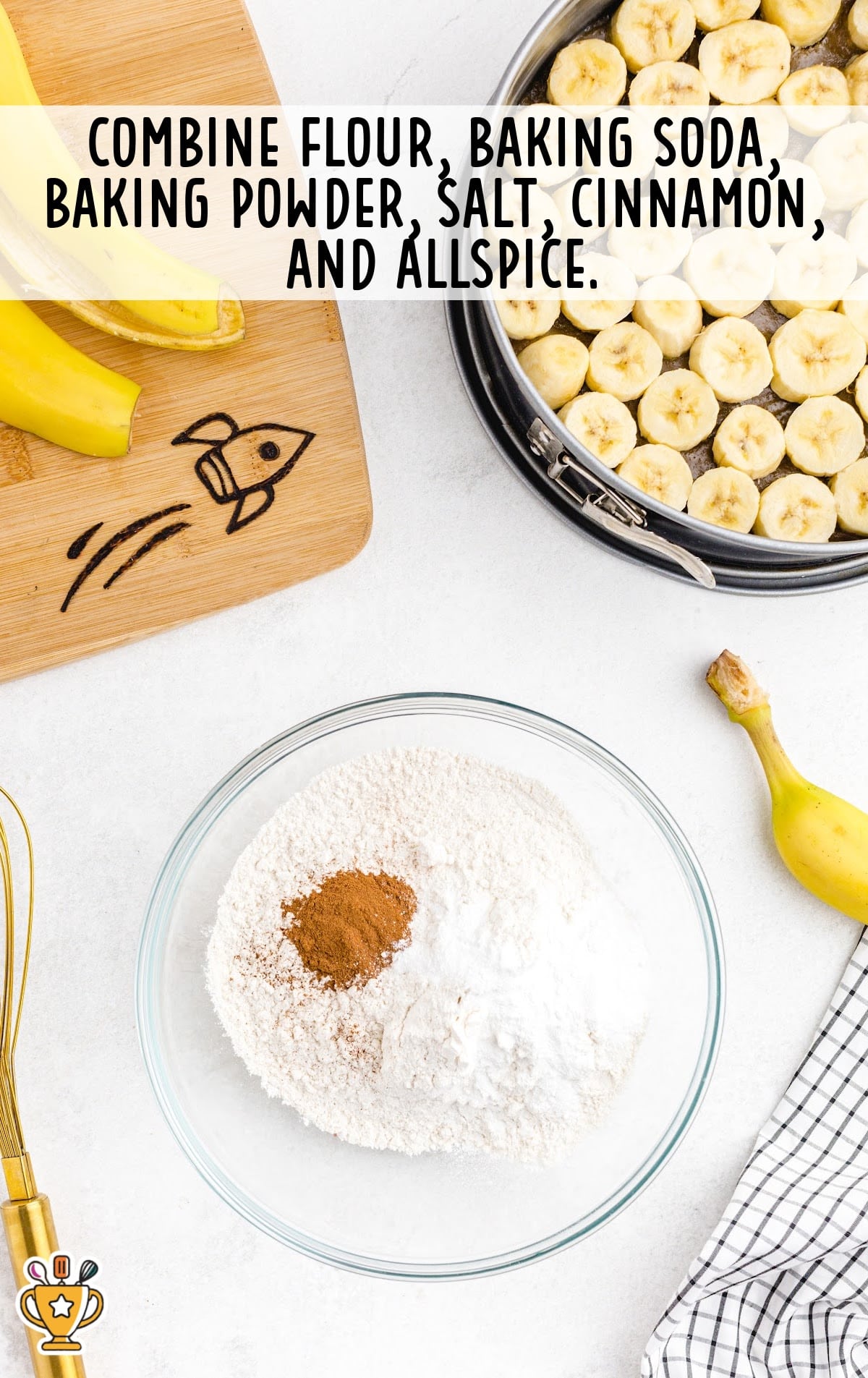 flour, baking soda, baking powder, salt, and cinnamon added in a bowl