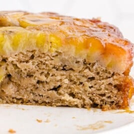 a Banana Upside Down Cake on a white plate
