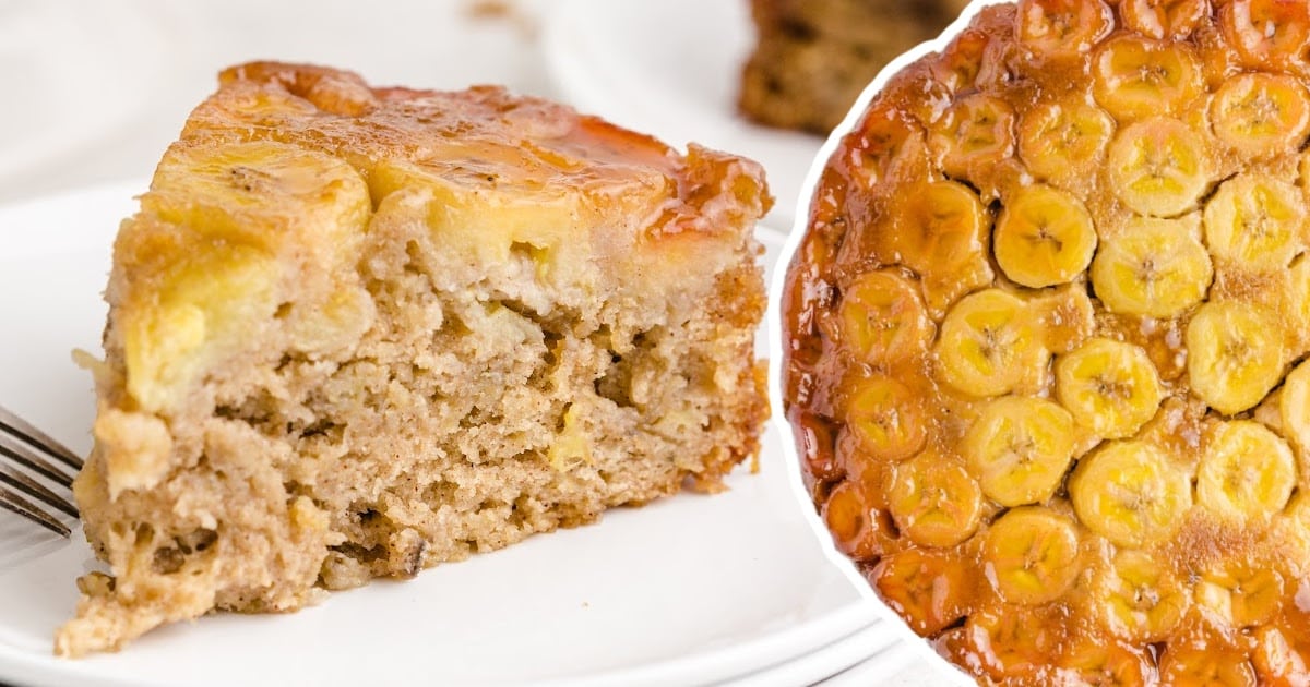 a piece of Banana Upside Down Cake and a Banana Upside Down Cake
