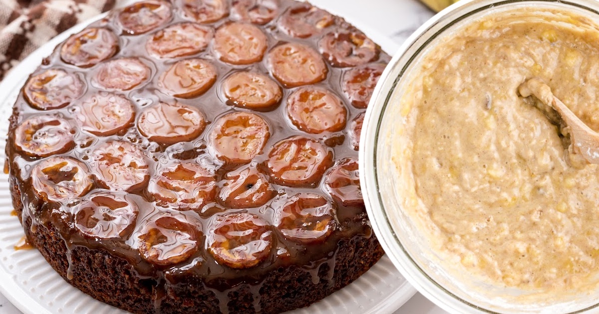 a Banana Upside Down Cake on a plate with a bowl full of Banana Upside Down Cake batter