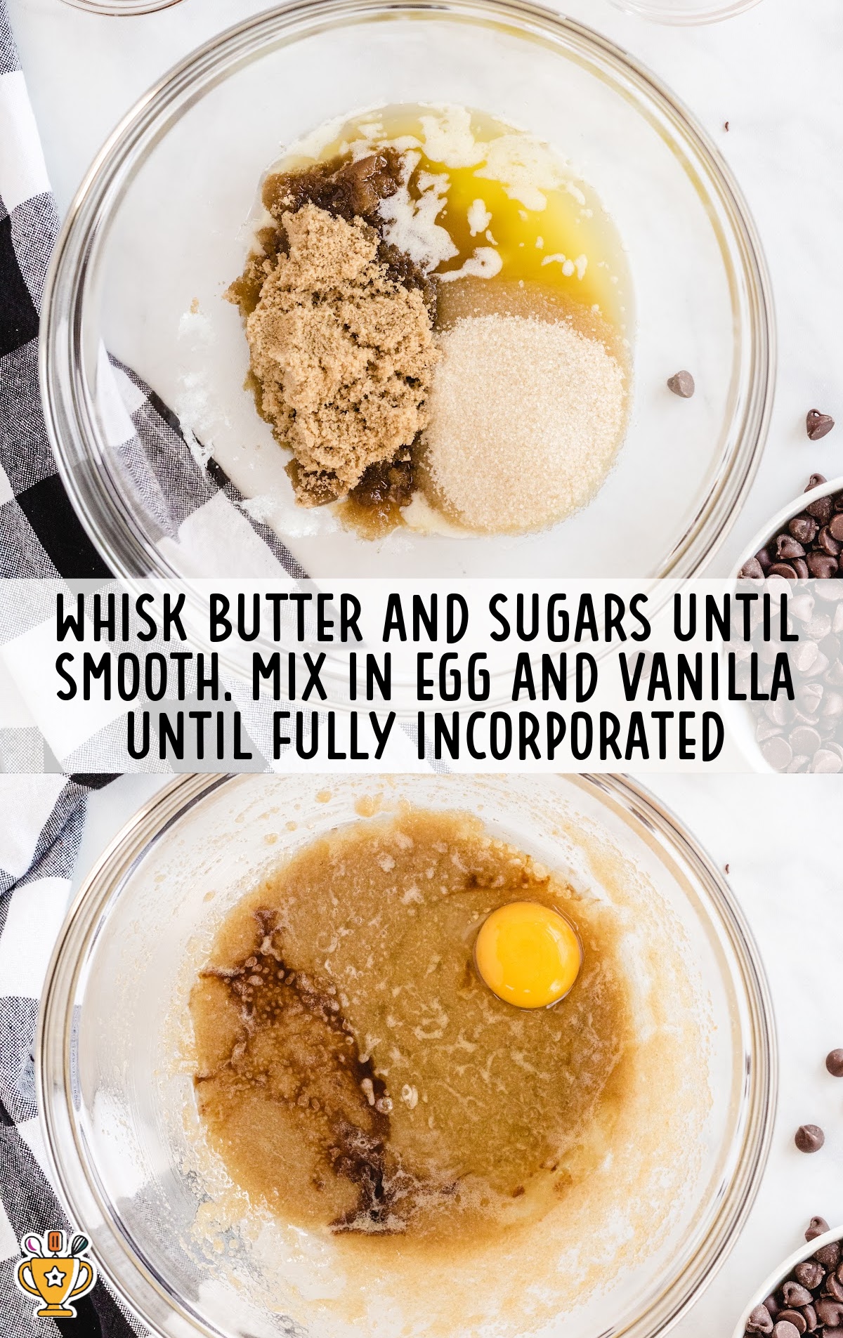 butter and sugars whisked together in a bowl